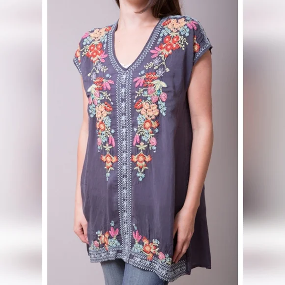 Johnny Was Heidi Boho Embroidered Tunic Medium Graphite Gray Floral Flowers - Picture 3 of 11